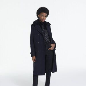 The Kooples Navy Wool Coat w/ 100% Shearling Collar, Size 36 - $200